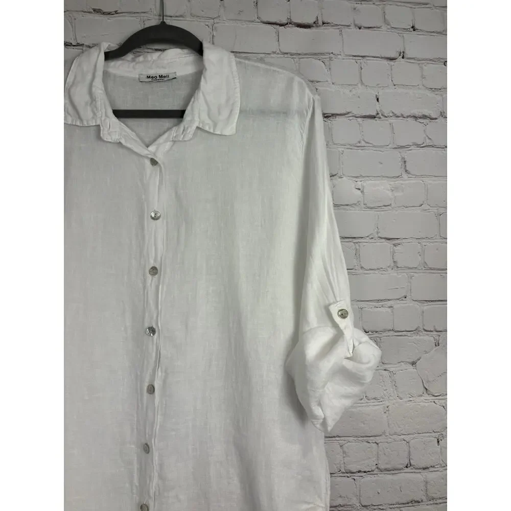 Meo Meli 100% Linen Shirt Dress Button Front Lagenlook White ONE SIZE Italy Made - Picture 5 of 8